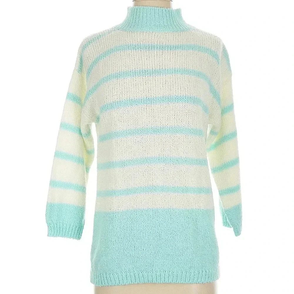 Vintage Diane Von Furstenberg Sweater Mock Neck 80's Aqua & White Size Small S